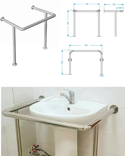 Поручень для раковины  с опорой к стене и полу неразборный арт. 84016