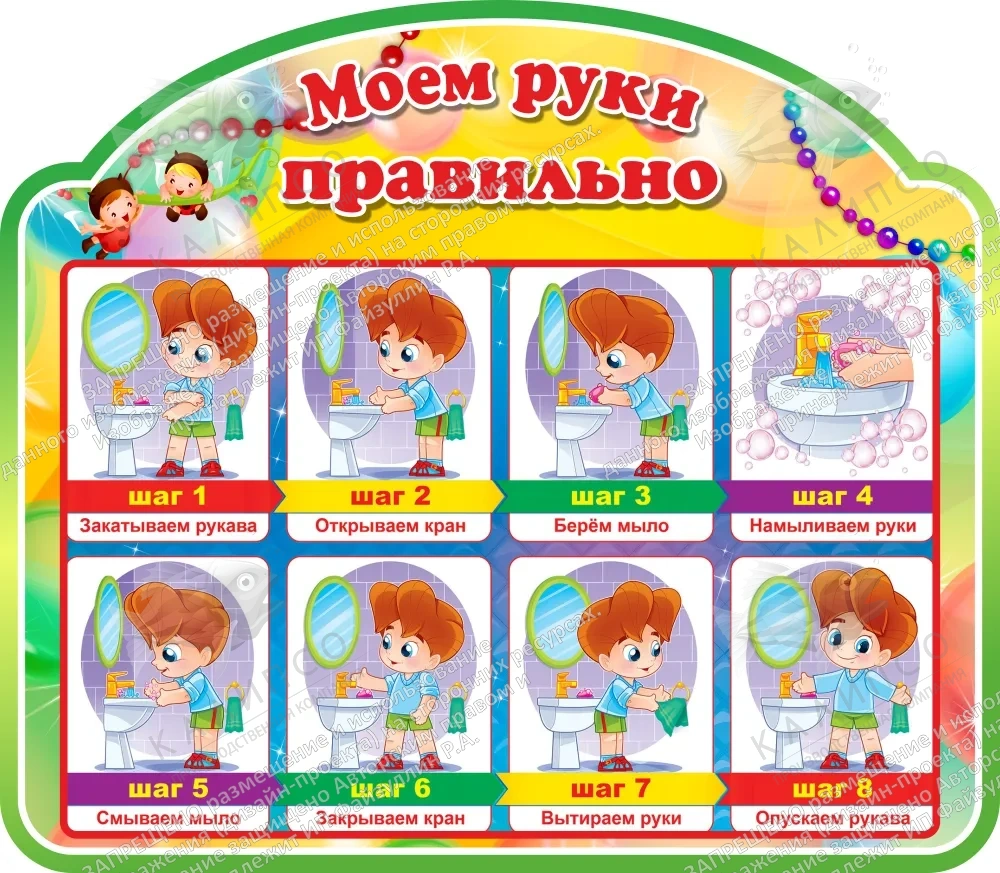 Стенд резной "Моем руки правильно" группа Бусинки арт. ДС-08121